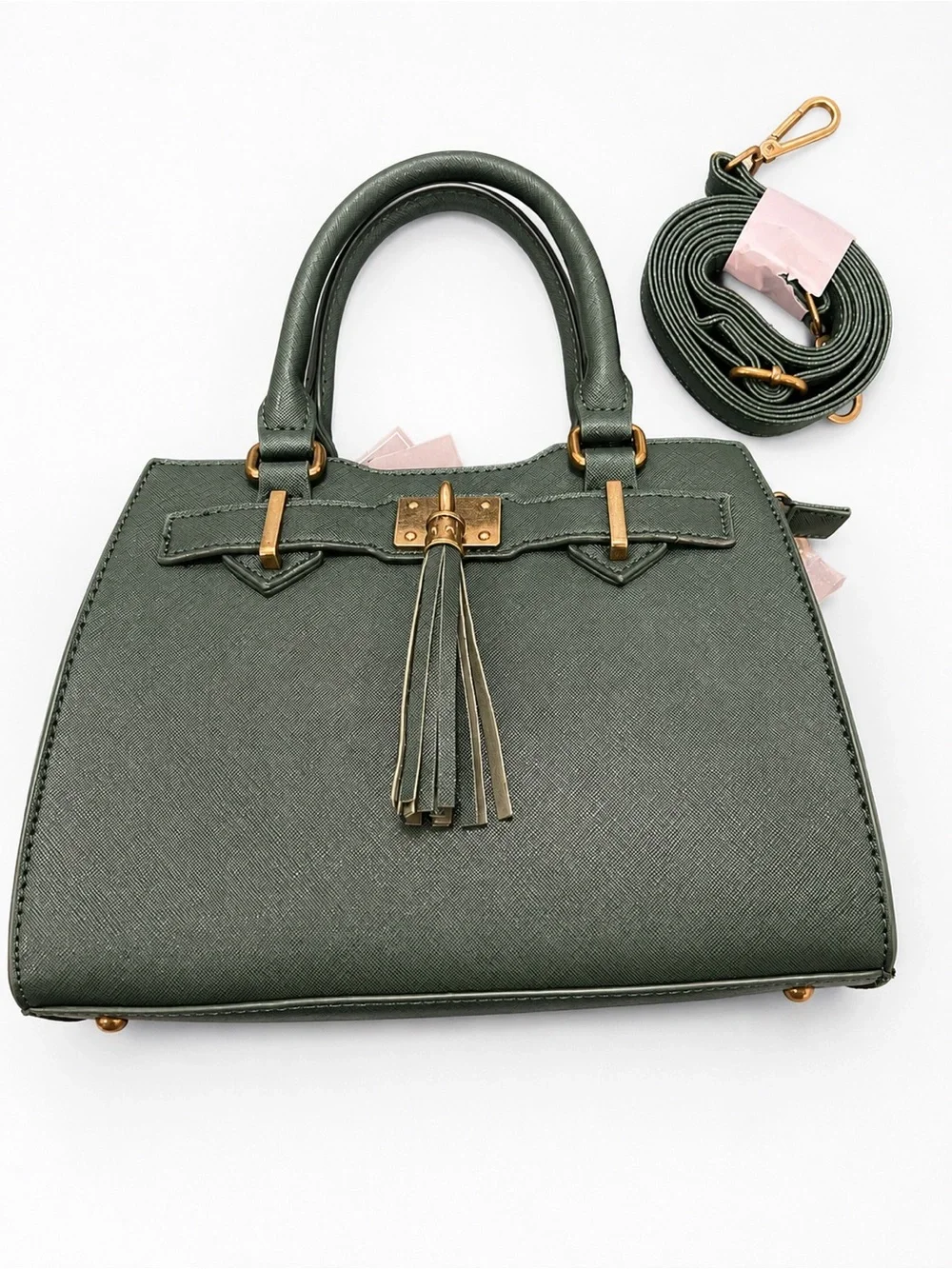 Structured Olive Green Satchel Handbag with Tassel Accent